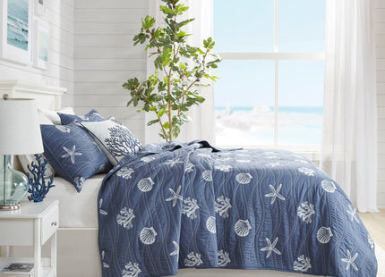 Harbor House Seaside Reversible Cotton Quilt Set Coastal Clam, Starfish, Coral Embroidery, All Season, Pre-Washed Coverlet Bedding Layer, Decorative Pillow, Full/Queen(90"x90") Navy 4 Piece