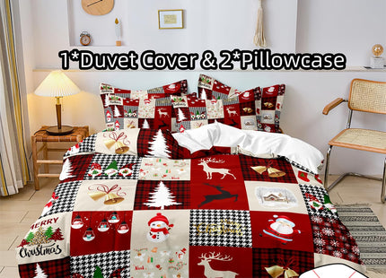ZIRANSHU Christmas Theme Grid Duvet Cover - King Size, Santa Claus Reindeers Snowflakes Rustic Cabin Christmas Lodge Western Country Holiday Decoration, 3-Piece Comfortable Checkered Bedding Set