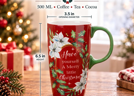 Topadorn 17oz Poinsettia Holly Ceramic Coffee Mug with Lid & Gift Box