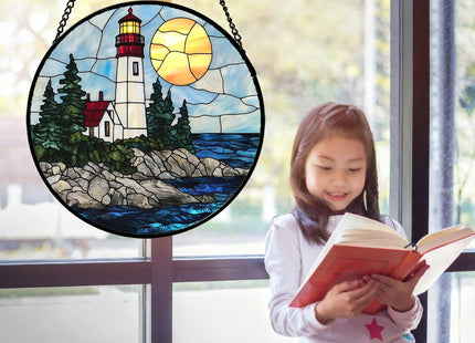 CHATYOUNG Stained Glass Window Hanging White Lighthouse Blue Ocean Landscape 7.8" - Suncatcher Door Garden Sun Catcher Decor Birthday Christmas for Men Woman Friend Nana Mom