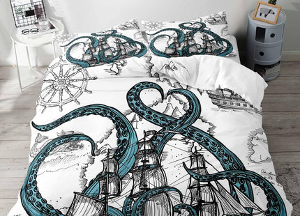 LUVIVIHOME 3PCS Octopus Duvet Cover Queen Bedding Sets, White Duvet Cover, Teal Kraken Tentacles Sailboat Anchor Rudder Coastal Ocean Marine Sea Animal Nautical Comforter Quilt Cover, 2 Pillow Cases