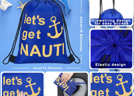 Pinkunn 20 Pcs Let's Get Nauti Drawstring Bag 17x 13.4 Inch Nautical Drawstring Bag Nautical Themed Gift Bags Cruise Blue Nautical Anchors Favor Treat Bags for Birthday Wedding Beach Party Decor