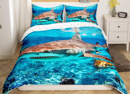 Erosebridal 3D Shark Bedding Set Underwater World Fish Comforter Cover,Nautical Sea Animal Duvet Cover Blue Ocean Marine Life Quilt Cover Under Sea Sealife Bedroom Decor Queen Size