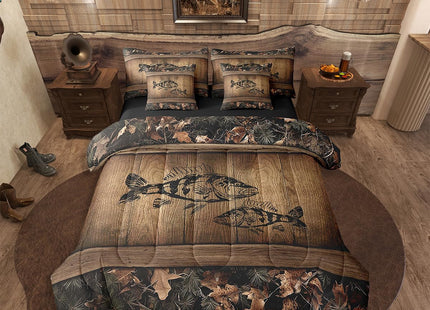 Erosebridal Camo Bass Fish 7 Piece Bed in A Bag Fishing Bass Big Fish Bedding Set Full Rustic Farmhouse Lake House Comforter Set for Boys Men,Retro Tree Camouflage Cabin Sheet Set with Comforter