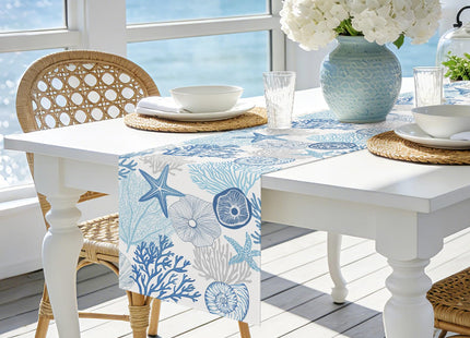 Bonhause Coastal Ocean Table Runner 13x72 Inch Summer Beach Starfish Coral Seashell Nautical Kitchen Dining Table Decoration for Indoor Outdoor Home Party Decor