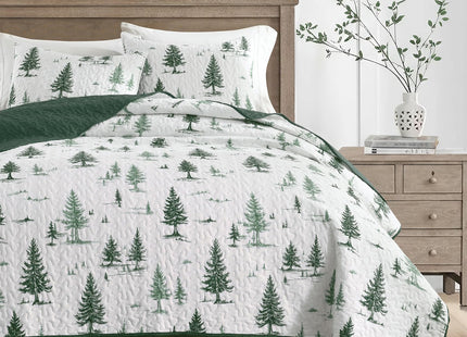HORIMOTE HOME Green Quilt Set Queen Size 3 Pieces, Reversible Fine Printed Bedspreads with Forest Tree Pattern, Soft and Lightweight Bed Coverlet Bedding Sets for All Season