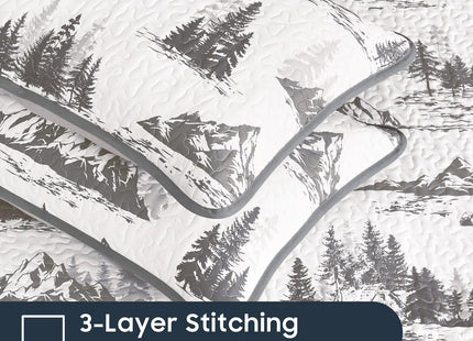 Wake In Cloud - Rustic Quilt Set, Cabin Forest Woodland Camping Theme with Lodge Mountain Print, Reversible Lightweight Bedspread Coverlet, 3 Pieces, Grey White, Queen/Full Size