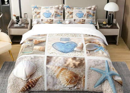 Erosebridal 100% Cotton Beach Duvet Cover, Ocean Themed Bedding Set Twin Size Coastal Nature Comforter Cover Starfish Love Heart Cotton Set for Kids Boys Girls Teens Adult Bedroom Decor