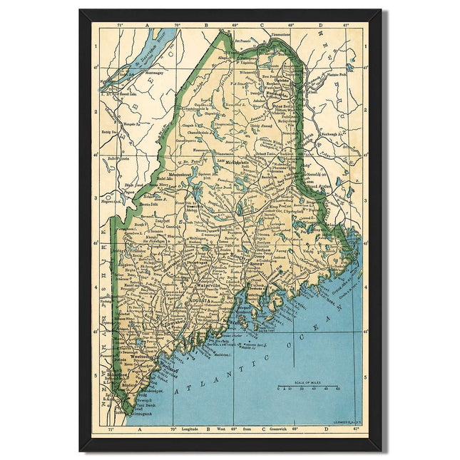 Framed Vintage Maine State Map Poster, Canvas Print Art, Rustic Contemporary Wall Art Painting Pictures Wall Decor, Exquisite Art Print for Office Living Room Home Decor (Black Framed,12”LX16 W)