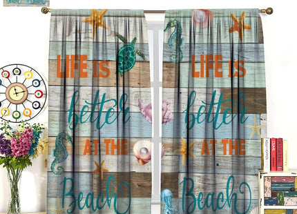Beach Theme Blackout Curtain,Summer Ocean Sea Shells Turtles Coastal Starfish Window Curtains Dining Room Cafe Living Room Bedroom Kitchen Office Drapes, 84x84 in