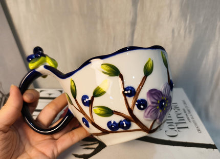 17.64 Oz Microwave Safe Soup Bowl with Loop Handle, Hand Painted Relief Blueberry Decor Mug Big Handle, Ceramic Soup Bowl with Spoon Set for Holding Fruits Cereal Snack, Milk,Ice Cream,Olive and Salsa