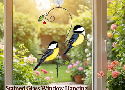Iricrist Chickadee (1 Pair) Stained Glass Birds Suncatcher for Mom, Grandma, Women - Real Glass Window Hanging Ornament - Handmade Bird Lover Home Decor (Gifts Ready Packaging)