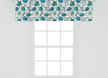 Lunarable Sea Turtle Window Valance Pack of 2, Nautical Pattern of Continuous Shells Corals Jellyfish, Rod Pocket Curtain Valances for Kitchen Bedroom, 54" X 18", Blue Black