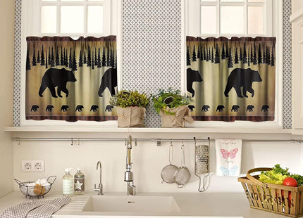 SXXLDNG Bear Kitchen Curtains and Valances Set Vintage Cottages Black Bear Country Kitchen Window Curtains Tier and Valance Curtain Set for Bedroom Living Room 52x18 & 27x24x2, 3 Panel