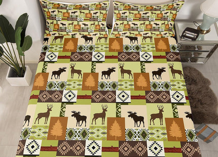 Erosebridal Rustic Boho Aztec Bed Sheets Full Woodland Moose Deer Sheet Set Southwestern Cabin Lodge Patchwork Bedding Set for Kids Adults Western Fitted Sheet Brown Green Flat Sheet 2 Pillow Cases