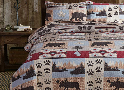 Oliven Rustic Cabin Summer Moose Bear Quilts Full/Queen Size Lodge Bedspread Bear Paw Pine Tree Maple Leaves Bed Cover Soft Polyester Woodland Coverlet Set with 2 Standard Pillow Shams