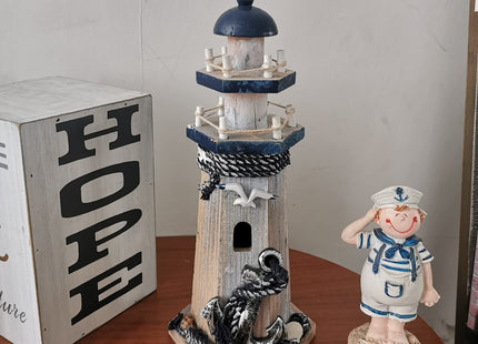 Wooden Lighthouse Decor, 10.25Inch Decorative Nautical Lighthouse Rustic Ocean Sea Beach Themed Lighthouse Decoration, Handcrafted Tabletop Nautical Themed Home Decor Bathroom Decor(Seabird & Anchor)