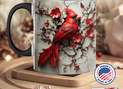 ANOVRA Cardinal Bird Ceramic Mug, Artistic Red Cardinal with Flowers and Cracked Background, Gift for Bird Lovers (Black, 11oz)