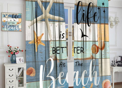 Summer Beach Curtains, Rustic Farmhouse Vintage Blue Wooden Nautical Coastal Starfish Shells Ocean Theme Window Curtains for Kitchen Bathroom Living Room 42" W X 45" L