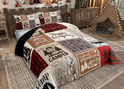 Erosebridal Short Full Comforter for Rv Camper Happy Camping Bunk Comforter Set Rv Camper Accessories Bedding for Travel Trailers, Patchwork Buffalo Plaid Pine Tree Arrow Quilt Set Red Brown