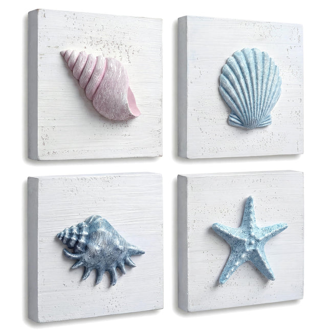 TideAndTales Nautical Wall Decor Set of 3 (7"x7") Seashells Rustic Beach Decor | Wooden Beach Bathroom Decor | Ocean Coastal Theme Decorations for Home