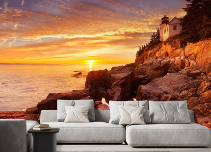 wall26 - The Bass Harbor Head Lighthouse in Acadia National Park, Maine, USA. Photographed During a Spectacular Sunset. - Removable Wall Mural | Self-Adhesive Large Wallpaper - 66x96 inches