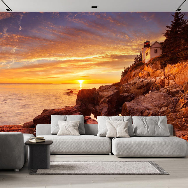 wall26 - The Bass Harbor Head Lighthouse in Acadia National Park, Maine, USA. Photographed During a Spectacular Sunset. - Removable Wall Mural | Self-Adhesive Large Wallpaper - 66x96 inches