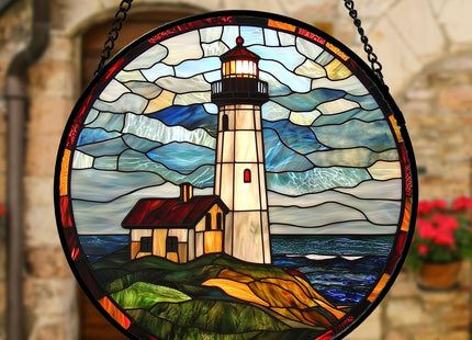 DASTOLL Stained Glass Window Hanging, Ocean Lighthouse Sun Catchers Glass Panel Blue Green Suncatcher Decor for Birthday for Women, Men, Wife, Aunt, and Mom 7.8 in