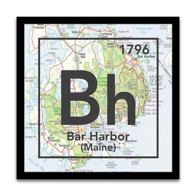 Bh- Bar Harbor Maine Acadia National Park Vintage Periodic Chart Map Art Print, Unframed, Gift for Her or Him, Atlas Road Map Home & Wall Decor, Wedding -Housewarming - Birthday Gift, 8x8 Inches