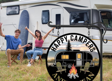 Personalized Happy Camper Metal Sign, Custom RV Decor Sign, Custom Campsite Metal Art, Large Camping Wall Art, Customized Campsite Decor, Rustic RV Name Plaque, Customized Name Plaque for Camping
