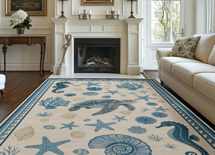 Area Rug 6x9 Coastal Nautical Rug for Living Room Beach Theme Sea Turtle