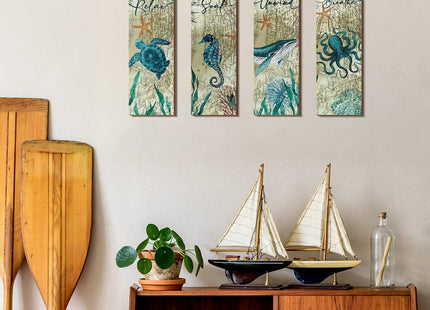 Qunclay 4 Pieces Beach Bathroom Decor Wall Sign Ocean Decor Sea Turtle Wall Art Nautical Bathroom Pictures Coastal Octopus Wood Sign Bedroom Art Teal Accessories Kitchen Home Decorations