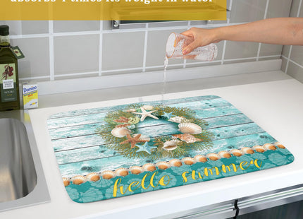 Coastal Wreath Dish Drying Mat 18x24 inch Starfish Shell Absorbent Microfiber Dish Rack Mats Drainer Pad Kitchen Countertop Accessories