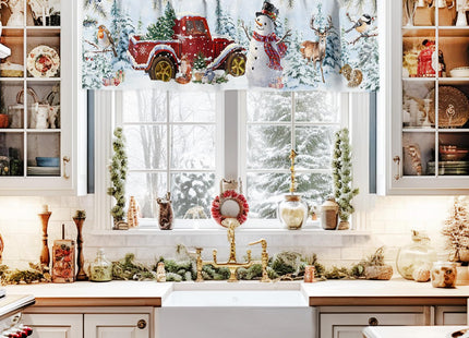 Christmas Snowman Valance Curtains for Kitchen Window 54" W x 18" L, Red Truck Xmas Tree Rod Pocket Small Curtain for Living Room Winter Robin Bird Deer Pine Valances for Windows/Bathroom/Bedroom