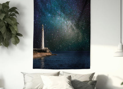 Lunarable Night Sky Tapestry Twin Size, Ocean Sea Scenery Lighthouse Romantic Nebula Cosmos Big Stars View Image, Wall Hanging Bedspread Bed Cover Wall Decor, Twin Size, White Blue
