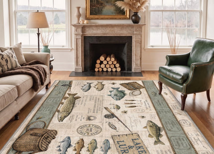 2x3 Fishing Rug, Machine Washable Cabin Doormat with Lake Fish Pattern