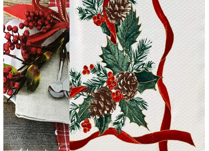 Lintex Evergreen Garland Double Ribbon Bordered Christmas Fabric Tablecloth, 70 Inch Round, Holly and Pine Cone Holiday Print, Easy Care Country Cottage Christmas Table Cover