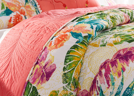 Greenland Home Tropics Palm Leaves Coastal Cotton Blend Quilt Set, 2-Piece Twin/XL, Coral