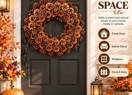Huashen 18 Inch Fall Wreath for Front Door Full Artificial Pinecone Wreath