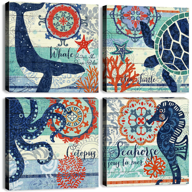 Nautical Wall Art Boho Bathroom Decor Navy Blue Beach Themed Sea Turtle Octopus Whale Canvas Pictures Coastal Artwork Vintage Nautical Ocean Animal Posters Nursery Kitchen Home Decoration 16x16" 4 Pcs