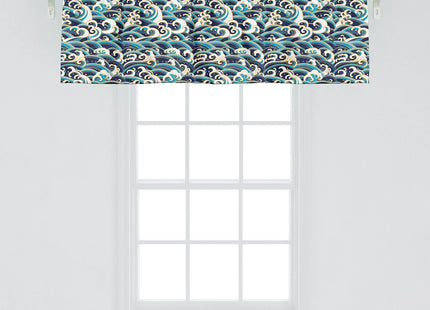 Ambesonne Nautical Window Valance Pack of 2, Traditional Oriental Style Ocean Waves Pattern Foam and Splashes Print, Rod Pocket Curtain Valances for Kitchen Bedroom, 54" X 18", Blue and White