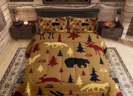Feelyou Cabin Lodge Bedding Set Soft for Boys Girls, Bear Fox Moose Comforter Set Toddler Size Woodland Wild Animal Duvet Quilt Microfiber Farmhouse Bedroom Decor Brown 2 Pcs with 1 Pillow Cases