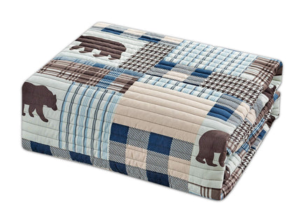 Rugs 4 Less Rustic Modern Farmhouse Cabin Lodge Stripe Quilted Bedspread Coverlet Bedding Set with Patchwork Grizzly Bears and Buffalo Plaid Check Patterns Beige Blue - Western 2 (Twin)