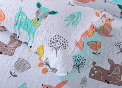 Queen Linens 100% Cotton 2 Piece Kids Quilt Bedspread Comforter Set Throw Blanket for Teens Boys Girls Kids Beds Bedding Coverlet Teal Blue Forest Deer (Twin)