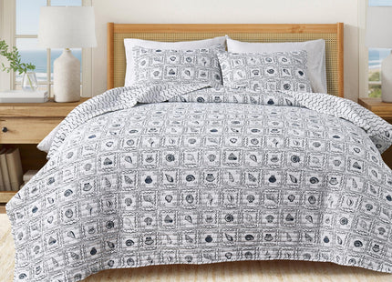 Great Bay Home Coastal Quilt Set - 3-Piece Full/Queen Size Seashell Bedding Set - Lightweight, All-Season, Reversible Bedspread (Seashell Tile)