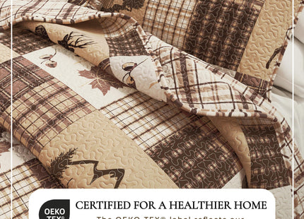 Great Bay Home Lodge Quilt Set - 3-Piece Full/Queen Size Rustic Bedding Set - Lightweight, All-Season, Reversible Bedspread (Deer & Leaf Patchwork)