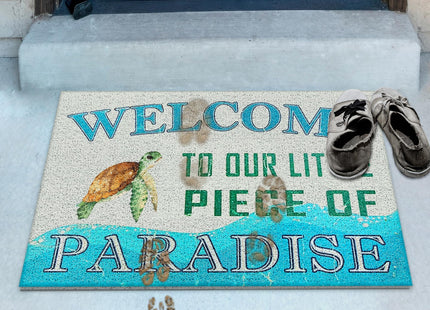 Supwhd Beach Sea Turtle Door Mat, Coastal Beach Welcome Mat, Beach Room Decor, Nautical Door Mat, Beach House Decor, Welcome to Our Little Piece of Paradise 17x30 Inches