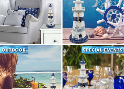 Puzzled COTA Global Large Blue White and Blue Stripes Wooden Lighthouse Decor - Cute Nautical Theme Decor Lighthouse with White Starfish Decor and Hanging Fish Decorative Ornaments - 4.5x11 Inches