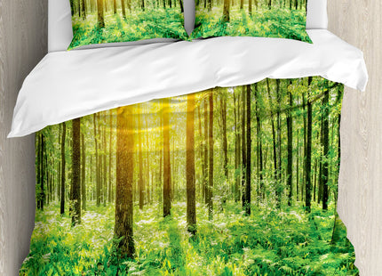 Ambesonne Woodland Duvet Cover Set, Forest Springtime Freshness Theme Foliage Sunbeams Sunrise Nature View Scene, Decorative 3 Piece Bedding Set with 2 Pillow Shams, Queen Size, Forest Green