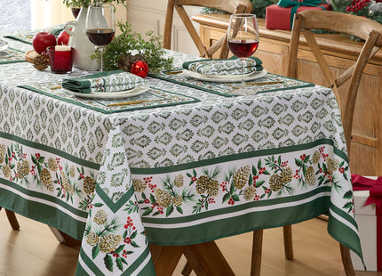 Newbridge Christmas Holly Pinecone Border 60 x 84 Inch Rectangle Fabric Tablecloth, Holiday Hunter Green Border on White Background Fabric Table Cover for Dinner Party and Banquet
